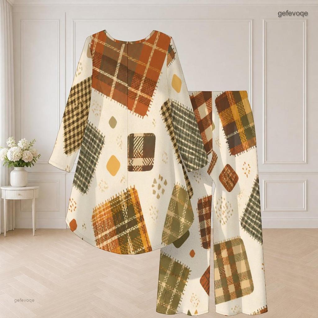 Women Plus Size Two Piece Set Round Neck Long Sleeve Plaid Printed Orange High Low Top Wide Leg Pants