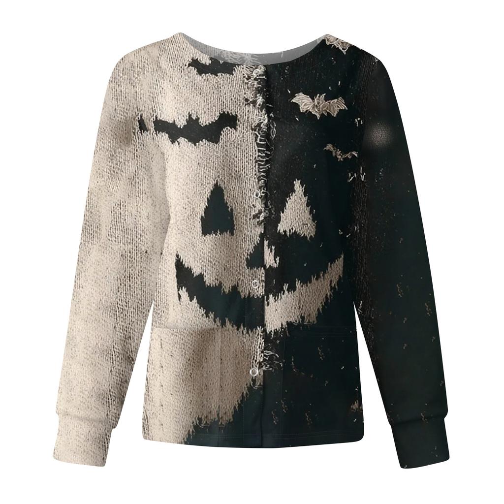 Women's Casual Fashion Long Sleeve Standing Collar Single Breasted Halloween Print Workwear Jacket Tops