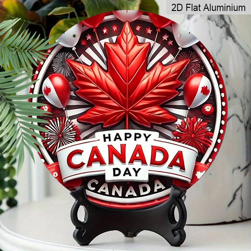 2D Flach, 1 Stück Patriotisches Kanada-Tag Runde Aluminium-Metallschild, „Happy Canada Day“ Rotes Ahornblatt & Feuerwerk Design, Langlebige Wasserdichte Dekoration, Perfekt