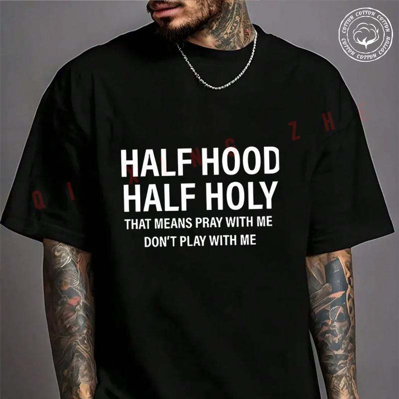 Half Hood Half Holy Bold Print Motorcycle Cotton T-shirt Summer Casual Short Sleeved Basic TShi