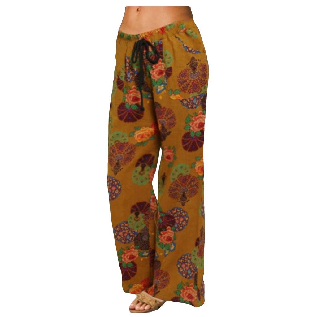 Women Wide Leg Pants Printed Large Flared Pocket Casual Cotton Linen Trousers Loose Fit Breathable Comfortable Bottoms