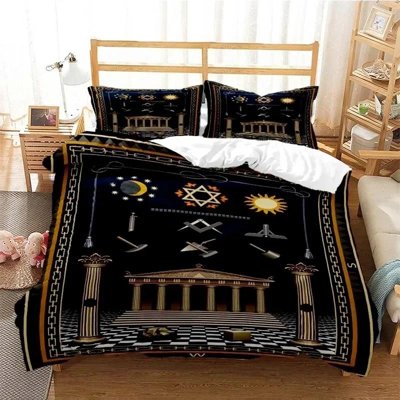 Masonic Freemason Illuminati  Bed Ensemble Boys Girls Twin Size Queen Dimension Size Bedspread Cover Pillowcase Bed Kids Adult