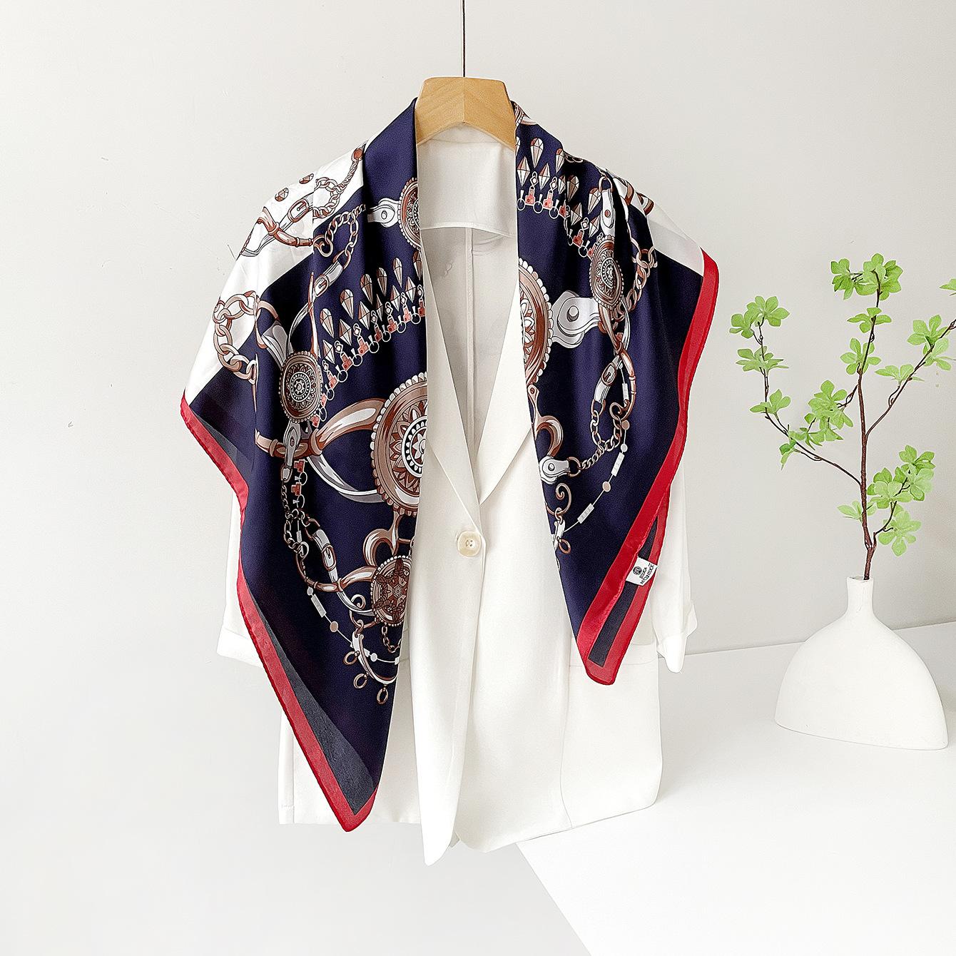 90Cm silk scarf new women s retro chain printed satin imitation silk square scarf high-end shawl silk scarf 90*90cm
