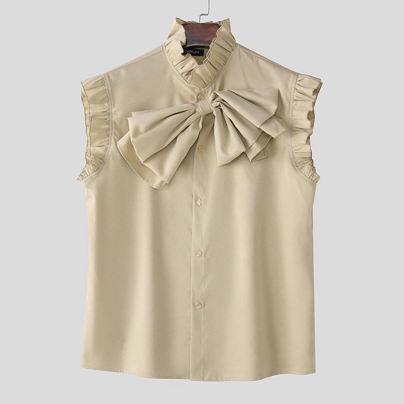 

INCERUN Elegant Men Ruffled Stand Neck Sleeveless Bow Knot Buttons Tank Tops 3XL