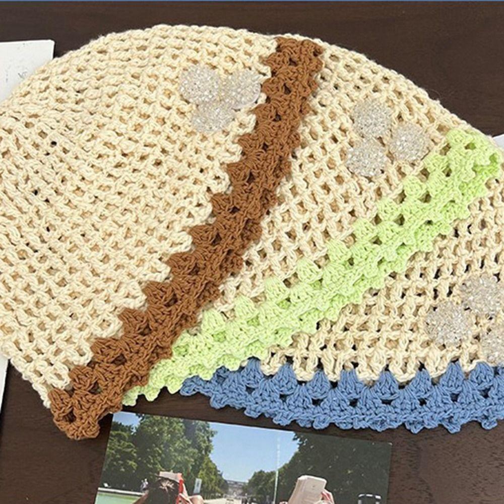 Handmade Crochet Flower Hat Thin Hollow Out Knitted Hat Cute Weave Cap  Girls