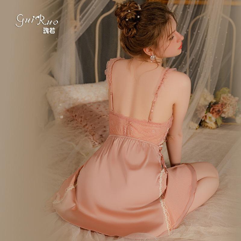 Hot Deep V Plus Chest Pad Underwear Sweet Lace Sexy Smooth Satin Nightdress Robe Women's Suit