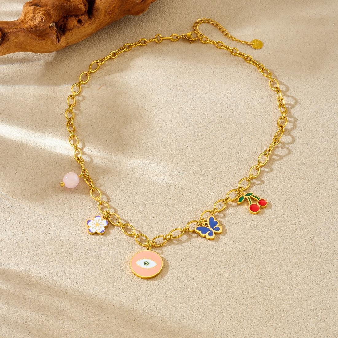 

316L Stainless Steel Personalized Eye Colorful Flower Butterfly Cherry Pendant Necklace Women Waterproof Jewelry Gift