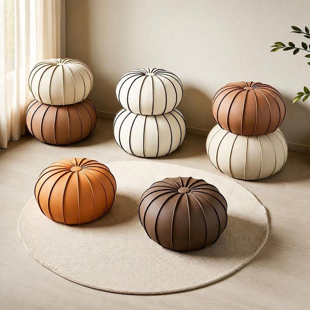 New Leather Fillable Ottoman Pouf Round Shape Low Profile Round Pouf Cover Luxury Style Floor Seat Cushion Sofa Side Use