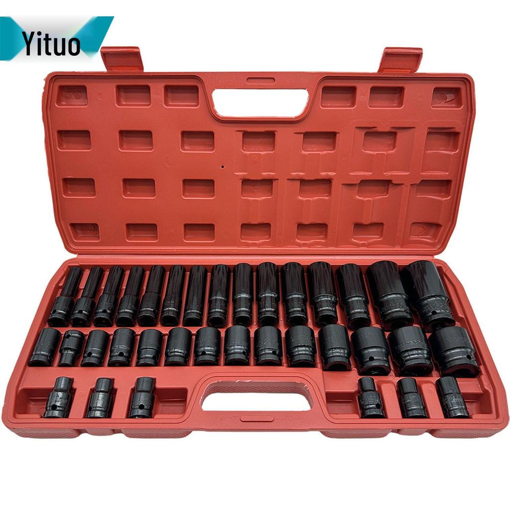 35-Piece Heavy Duty 1/2" Air Impact Socket Set - Black Hex, Extended Screwdriver Electric Wrench Tool