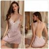 Women’s Jacquard Halter Backless Nightdress Sexy Lace Patchwork Nightgown Padded Hollow-Out Sleep Dress