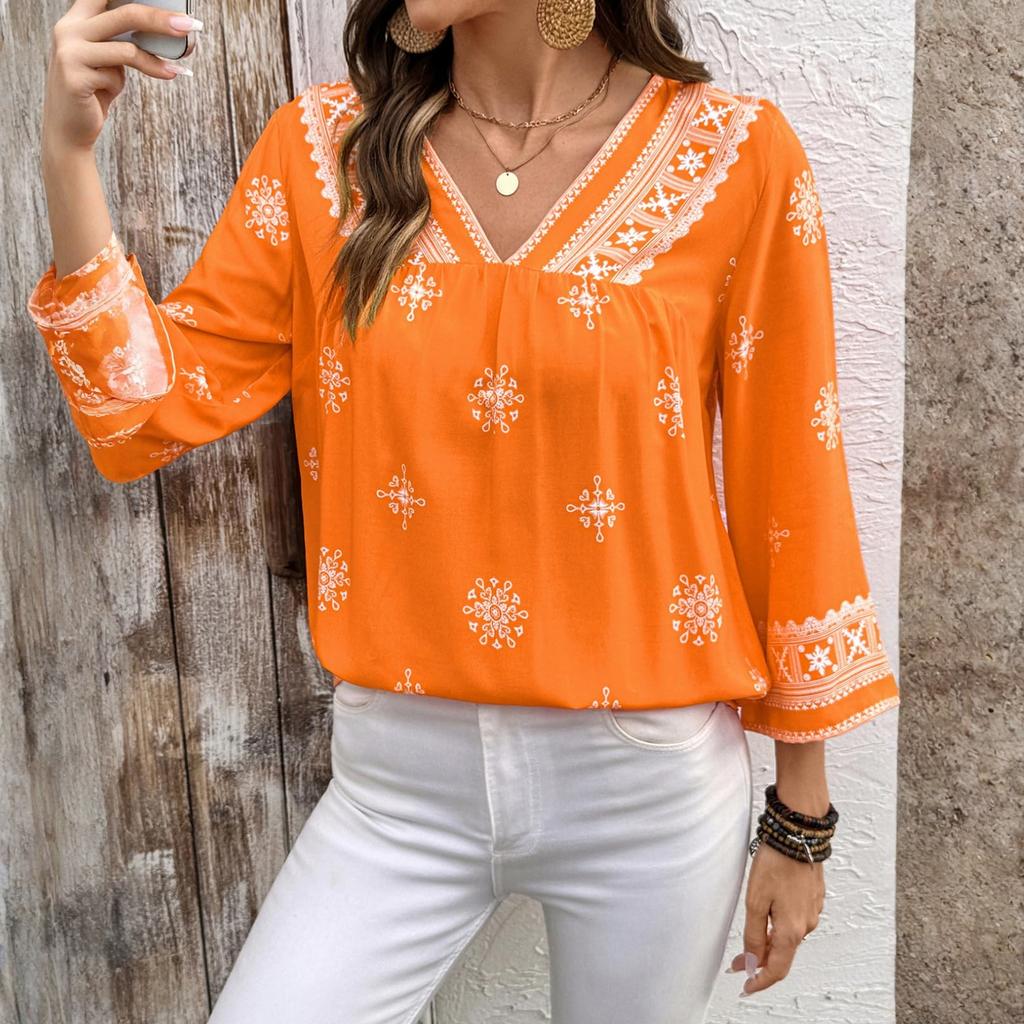 Ladies' Casual Retro Loose Bohemian Printed 3/4 Sleeve Shirt Top