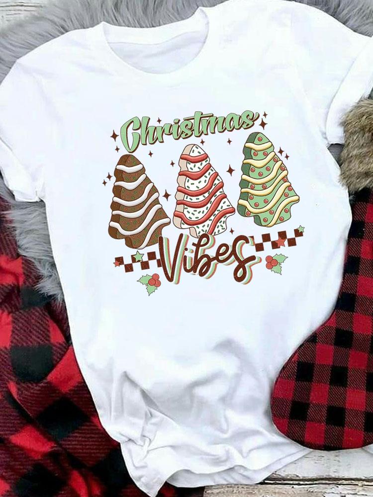 (Asian Size) Women Holiday Print Tee Top festival Merry Christmas New Year letter sweet 90s Casual  Lady Short Sleeve Fashion Graphic T-shirts