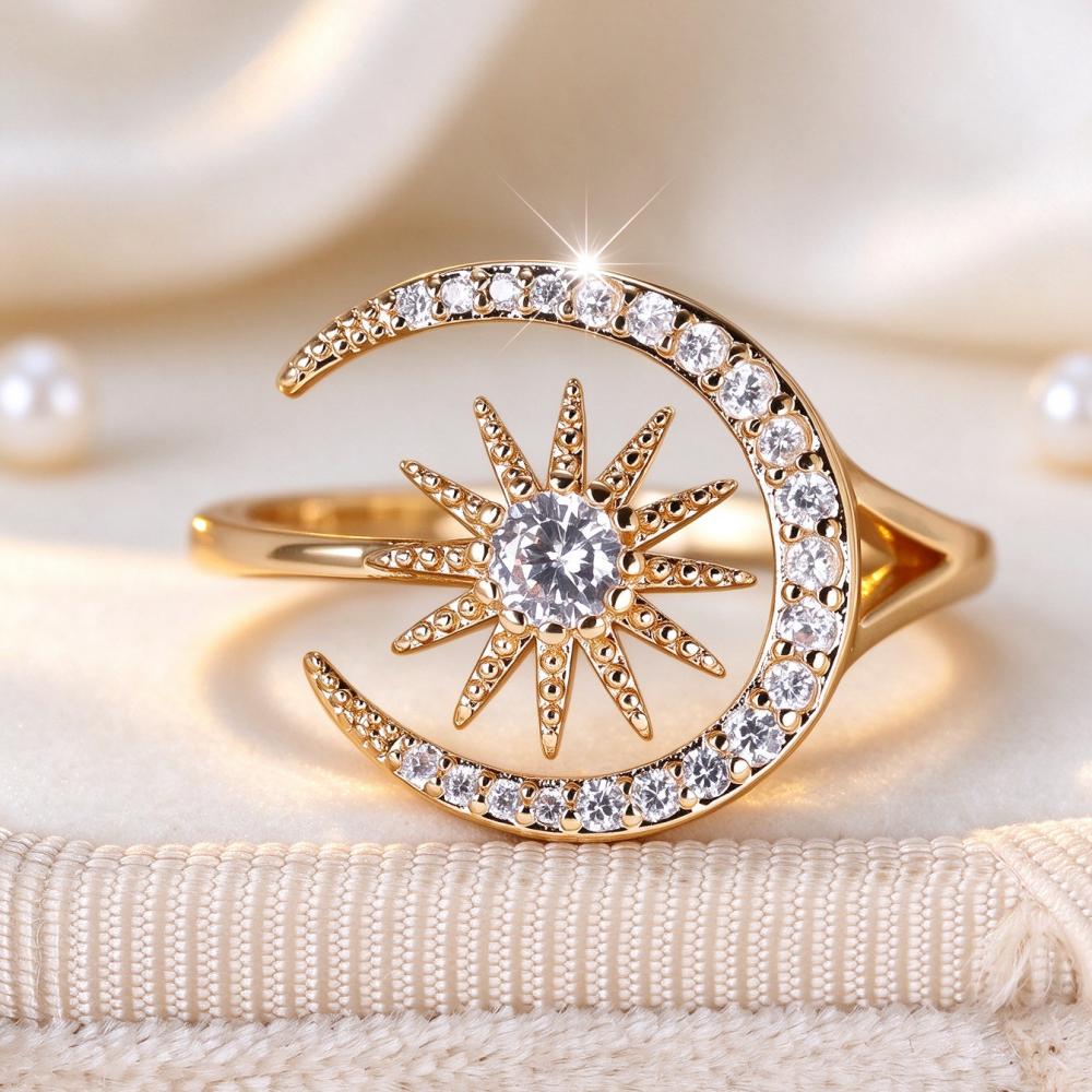 Elegant Silver Color Gold Color Moon Star Zircon Adjustable Band Open Ring for Women Party Wedding Jewelry Gift