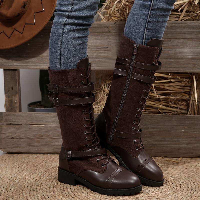 Wish2025 Autumn Winter Round Toe PU Patchwork Cowboy Knot Knight Long Boots Women's Boots Rubber Sole Solid Color Adult Shoes