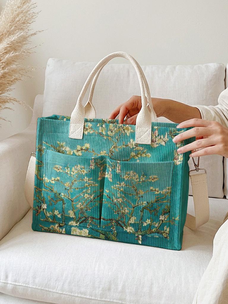 Apricot Print Corduroy Tote Bag with Multiple Pockets and Large Capacity for Art Enthusiasts Commuting Shoulder Bag