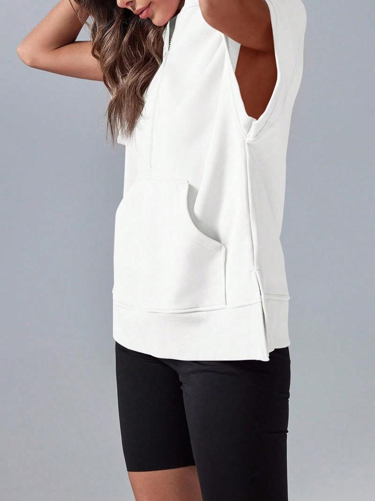 Women's Oversized Half Zip Hoodie Short Sleeve Pullover Sweatshirt Top with Pockets