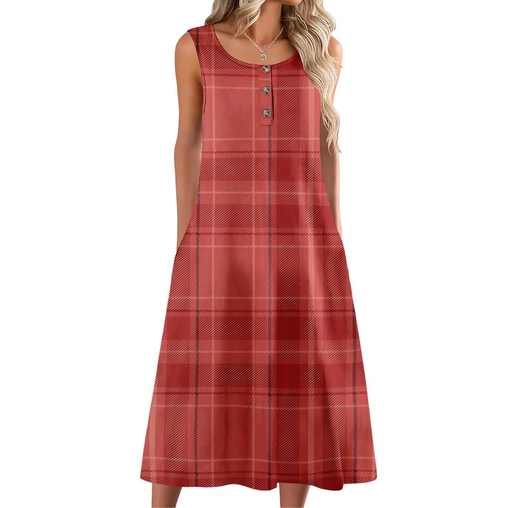 Women's Fashion Casual Sleeveless Button Plaid Print Dress with Pocket