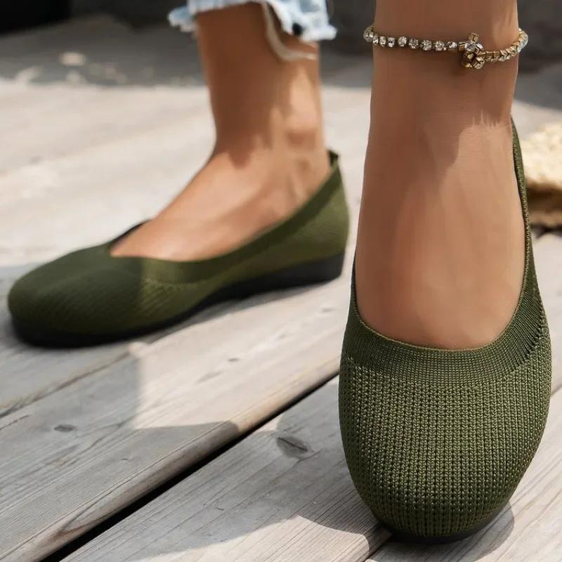 Fashion Round Toe Flats for Women Comfortable Knit Ballet Flat Shoes Casual Slip On Shallow Shoes Office Boat Shoes Plus Size Moccasins