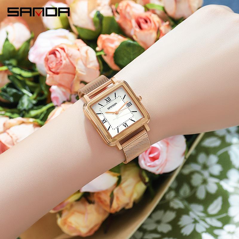 Sanda Women's Vintage Style Square Quartz Watch with Roman Numerals - Simple, Versatile, Waterproof Design