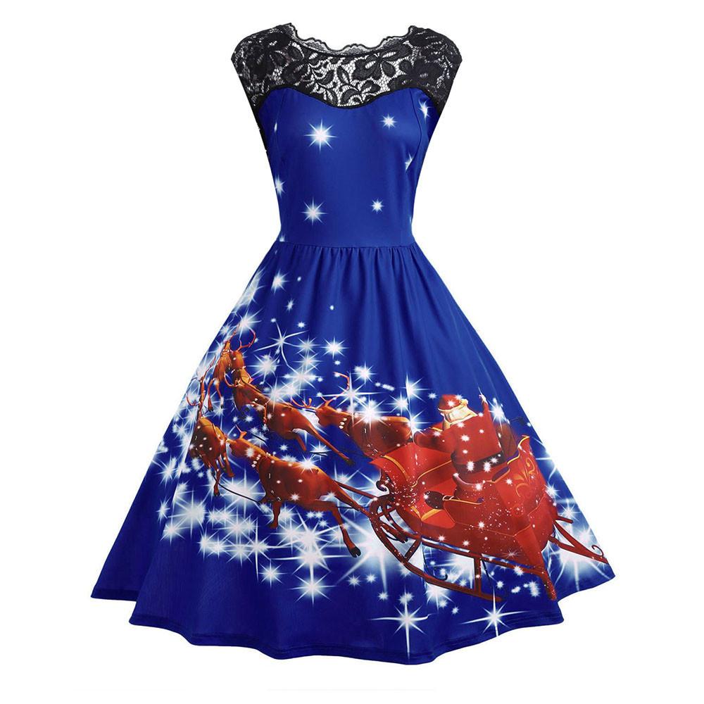 Fashion Women Lace Vintage Christmas Print Sleeveless Swing  Party Dress