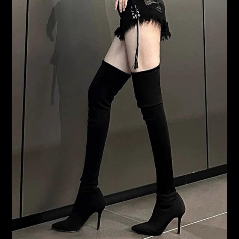 Pointed over-the-knee boots women's 2025 autumn and winter new suede integrated boots high-heeled nude boots elastic boots
