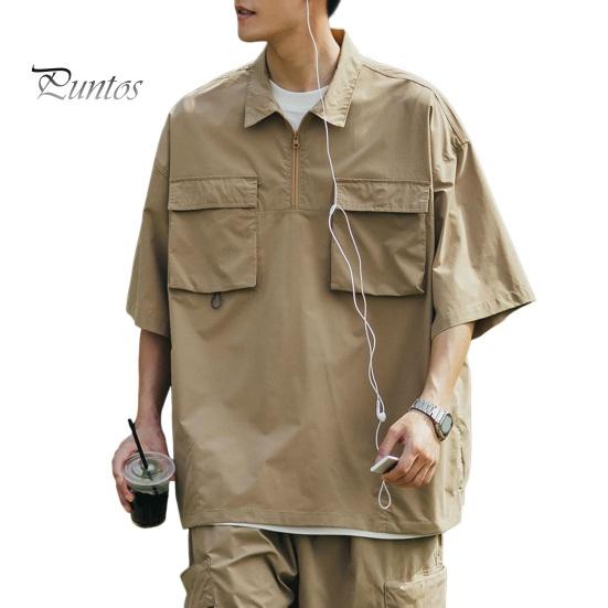 

Летние мужские брюки-карго с нагрудными карманами, сплошной цвет, свободная молния, большие размеры, хип-хоп, уличная одежда, большие размеры, половина рукава, полуоткрытый отложной воротник, средней длины XL хаки