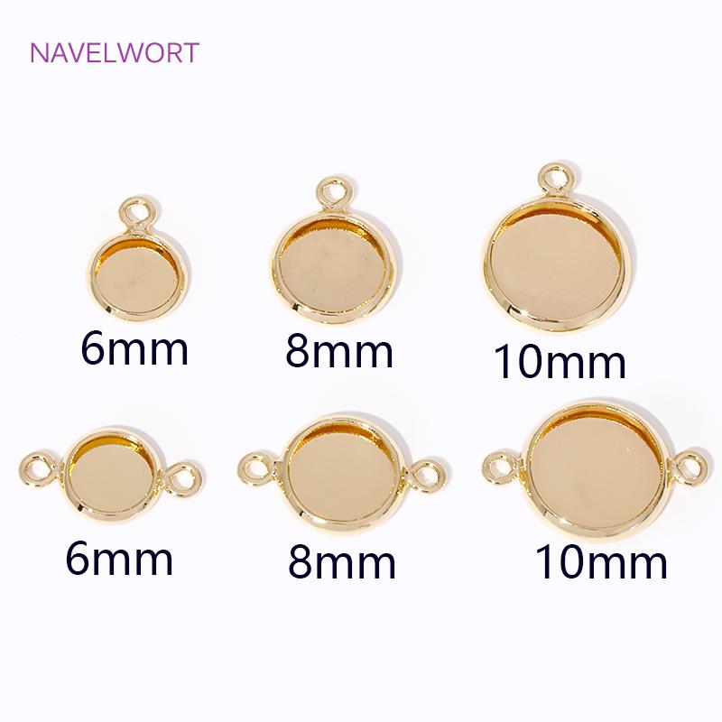 6/8/10mm 14K Gold Plated Cabochon Blank Tray Charms Connectors For DIY Bracelets Necklaces Jewelry Making Accessories Supplies