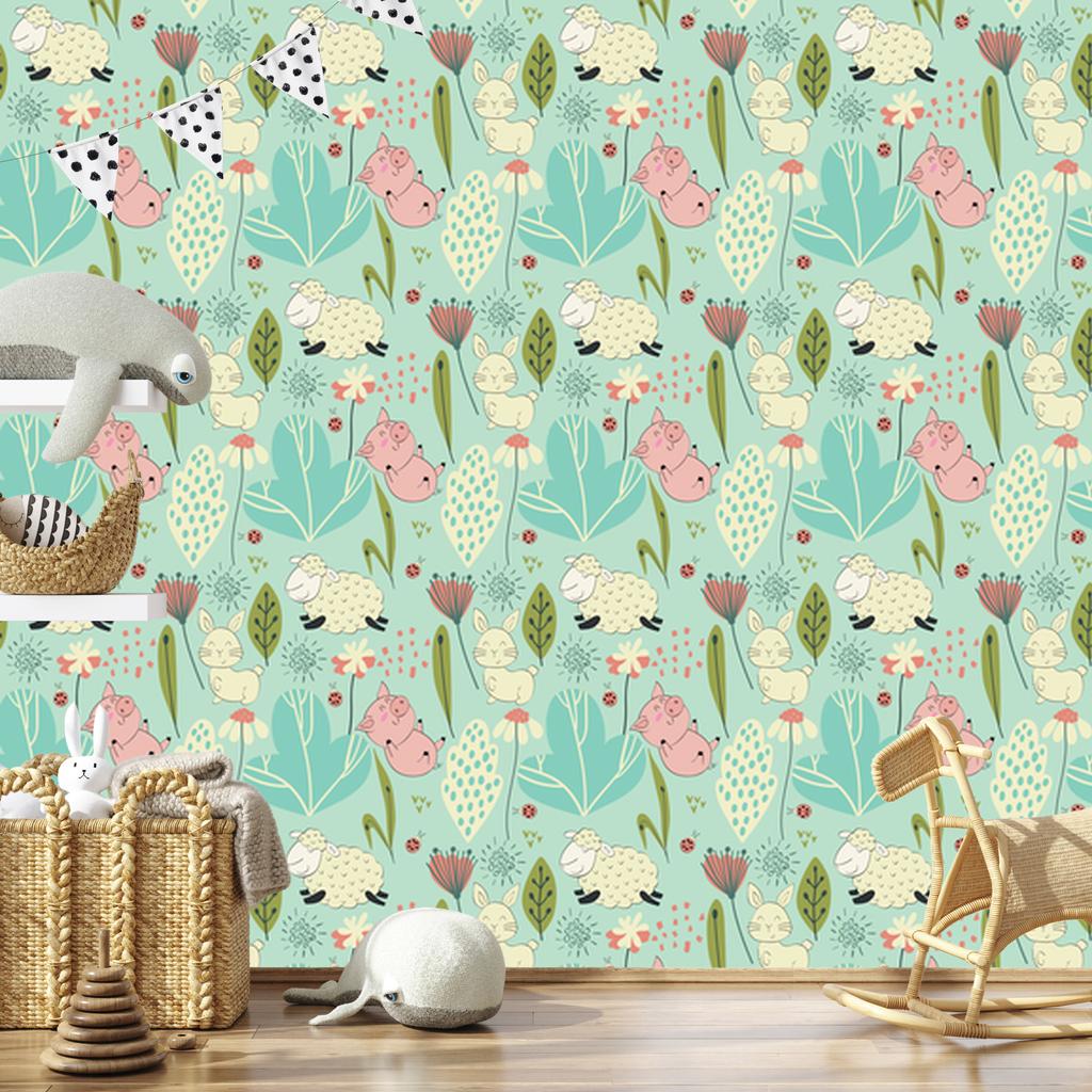 Funny sheep and bunnies wallpaper for living room and bedroom 50x1000