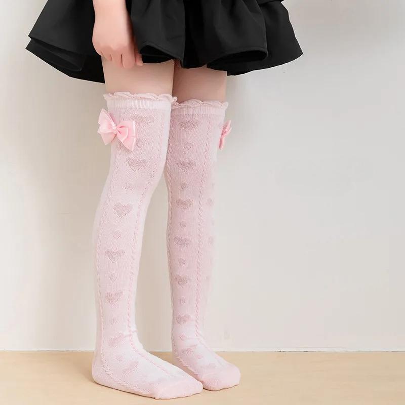 

1 пара тонких гольфов до колена для детей, девочек, модные, с сердечком и бантиком, детские носки из мягкого хлопка, дышащие, школьные носки 42cm розовый