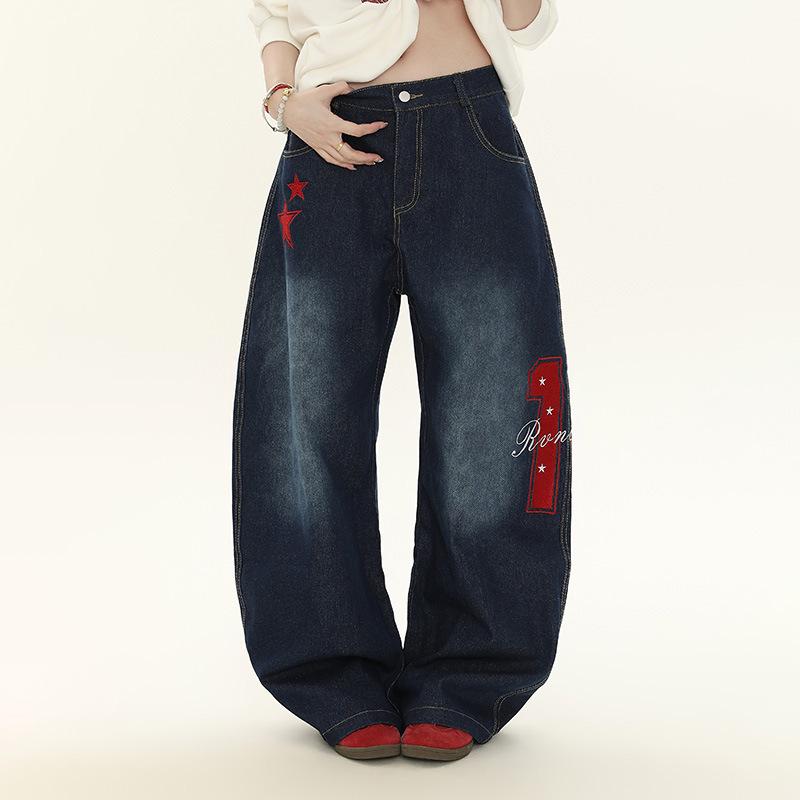 Women s Autumn Retro Embroidered Wide-Leg Jeans L темно-синий