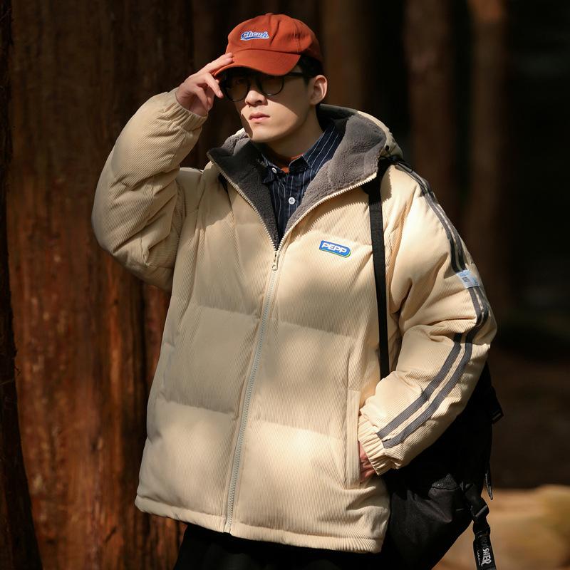 Lamb wool men's new winter Korean style warm thickened hooded loose cotton coat trendy couple internet celebrity jacket for men