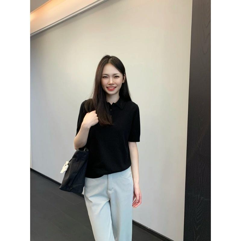 

Women s Casual Cotton Polo Collar Short Sleeve Knit T-Shirt, Skin-Friendly and Simple Style Medium чёрный