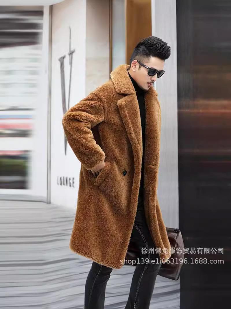 

Men s 2021 Warm Shearling Faux Alpaca Leather Coat - Long Style Fur Windbreaker Jacket L