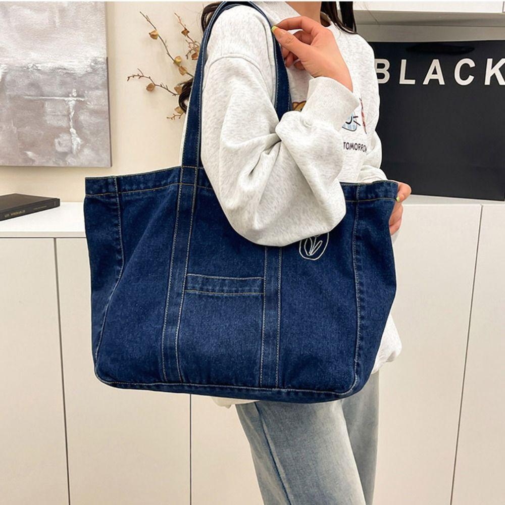 Tote Bag Large Capacity Handbag Solid Color Underarm Packs Sweet Denim Tote Bag Girls