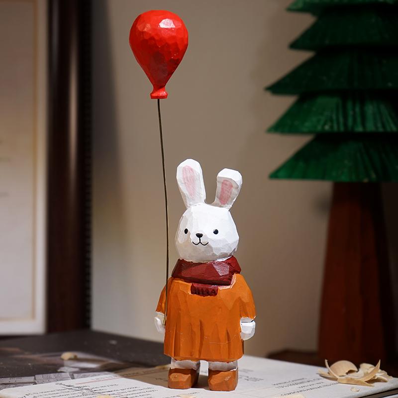 Handmade Wooden Rabbit Holding Heart Balloon Cute Office Desk Decor Gift for Girls