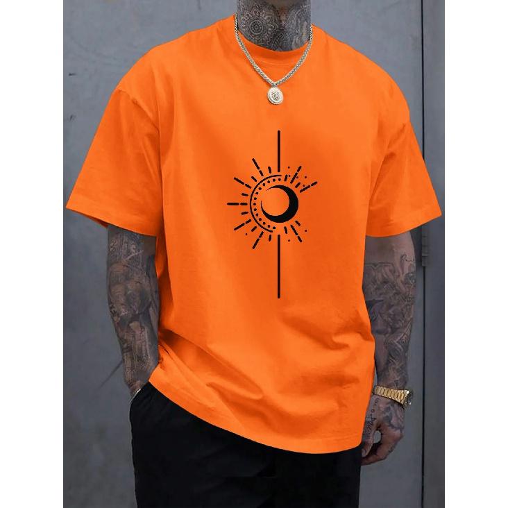 Herren T-Shirt mit Mond-Print, O-Ausschnitt, Übergröße, kurzärmelig, Freizeitkleidung für Männer