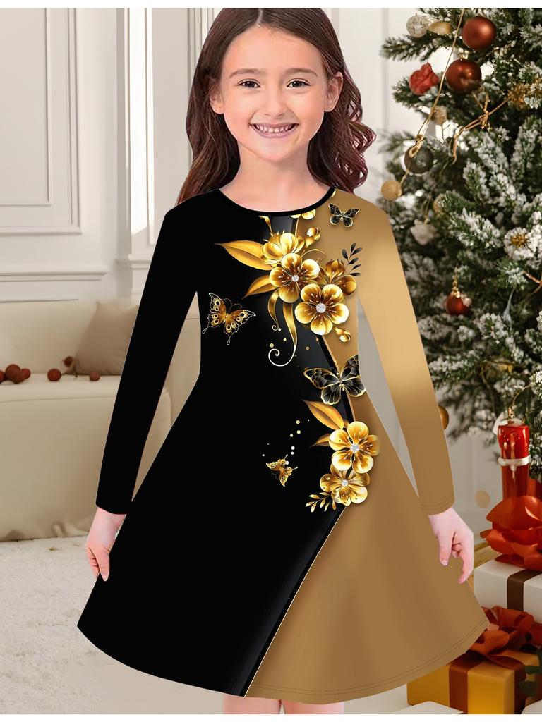 Rochie de Modă de Toamnă și Iarnă pentru Fete, Imprimeu Floral 3D, Gât Rotund, Mânecă Lungă, Rochie Tricou Lungă pentru Copii, Casual Versatilă, Îmbrăcăminte de Crăciun