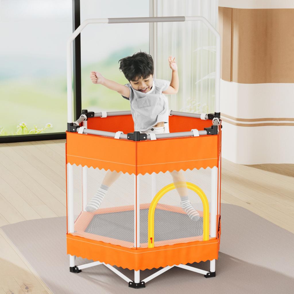 Foldable Trampoline Mini Kids with Safety Net Trampoline with Adjustable Handlebar Fitness Indoor Outdoor Jump Bed