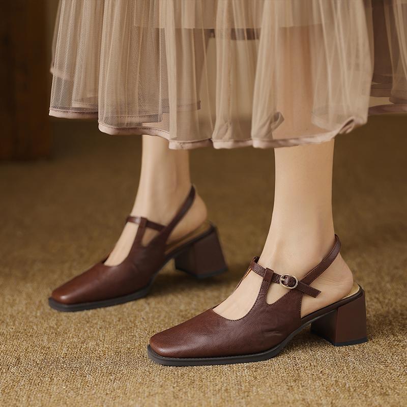 Fashion 2025 New Top Quality Genuine Leather Women Sandals Vintage T-Strap Square Toe Thick Heels Shoes Woman Summer Office Ladies Pumps