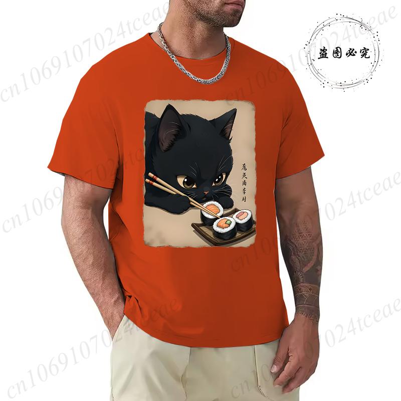 T Shirt for Men Black Cat Sushi Printed Men Fashion Style Design Clothing Anime Cat Cartoon Men TShirt Casual Tees Short Sleeve