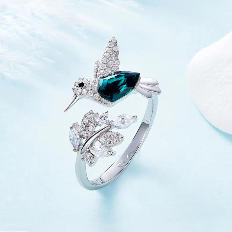 Huajie Blue Zircon Inlay Bird Design Hummingbird Rings for Women Elegant Female Party Adjustable Ring  Accessories Trend Open Ring