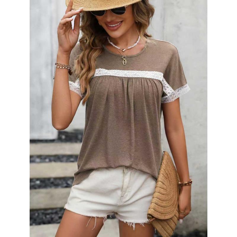 Women Short Sleeve Round Neck Lace Spliced Casual T Shirt