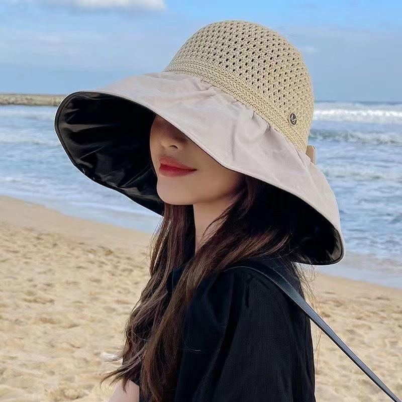 New summer versatile outdoor visor big brim bucket hat portable sunscreen sun hat bow women's hat