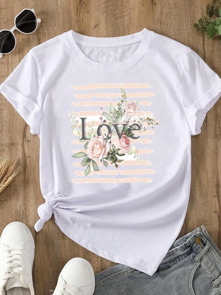 (Asian Size) Feather Trend Cute Print O-neck Short Sleeve T-shirts Fashion  Casual Women's Top T Female Clothing  Graphic Tee