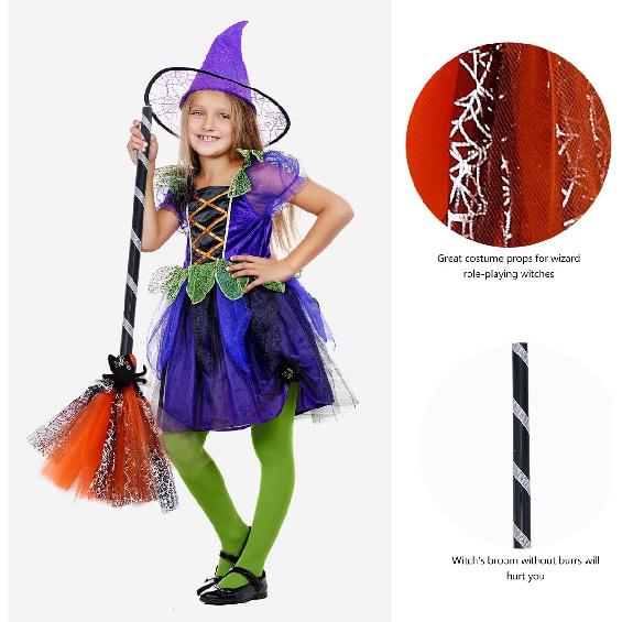 Halloween Witch Broomstick Cosplay Broom Props Realistic Wizard Flying Broom Stick Accessory for Costumes Orange