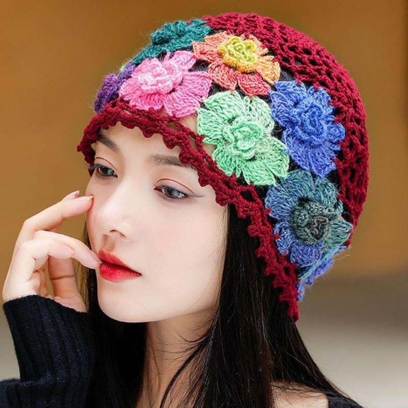 Cotton Crochet Brimless Hat With HollowOut Flower Design Summer Vacation Casual Skull Cap For Women Everyday Wear