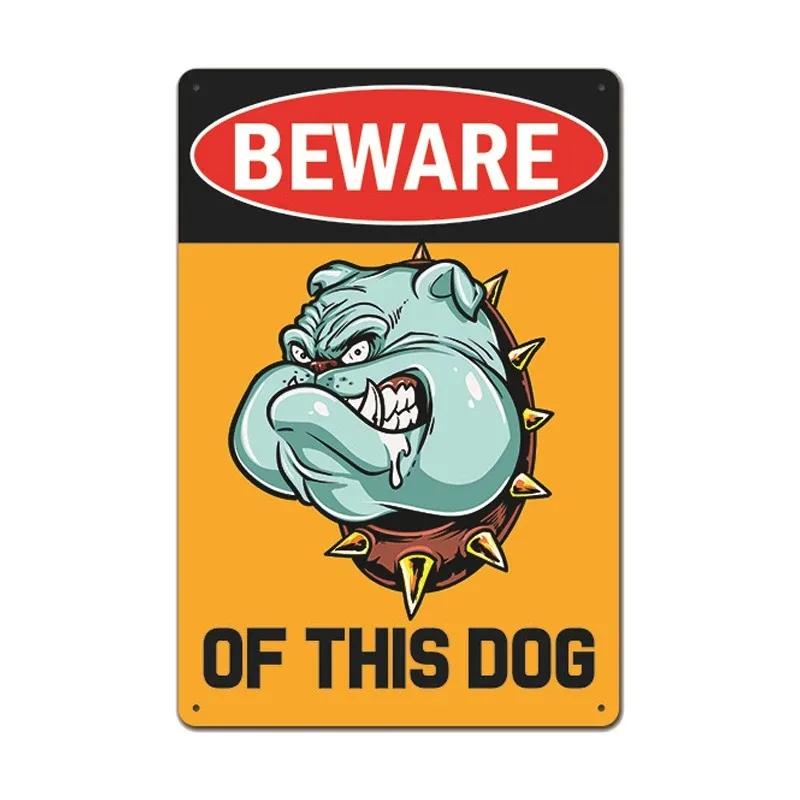Hisun Tin Sign Vintage Assorted Beware Of Dog Cartoon Bulldog Wolf Tin Sign Set Retro Funny Angry Pet Warning Metal Wall Art Rustic Security