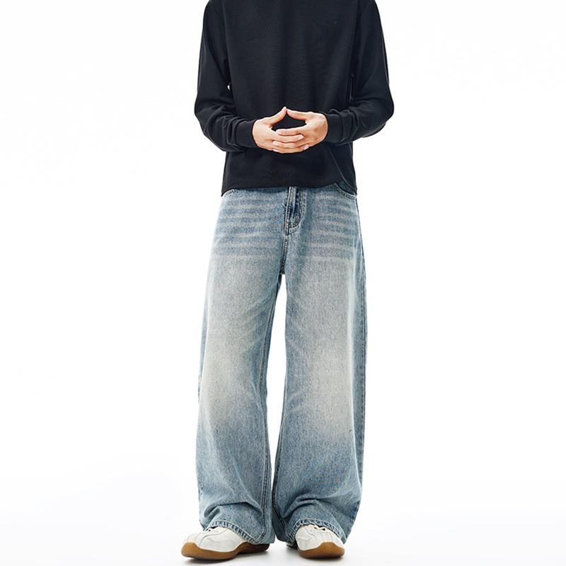 Mens Vintage Washed Straight Fit Denim Jeans With Whiskering Loose Casual Trousers Teens Adults