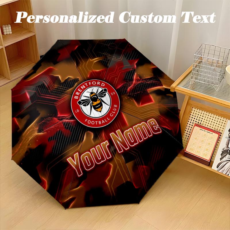8 Rib Auto Folding Umbrella Brentford Football Print Custom Name Text Portable Rain Gear