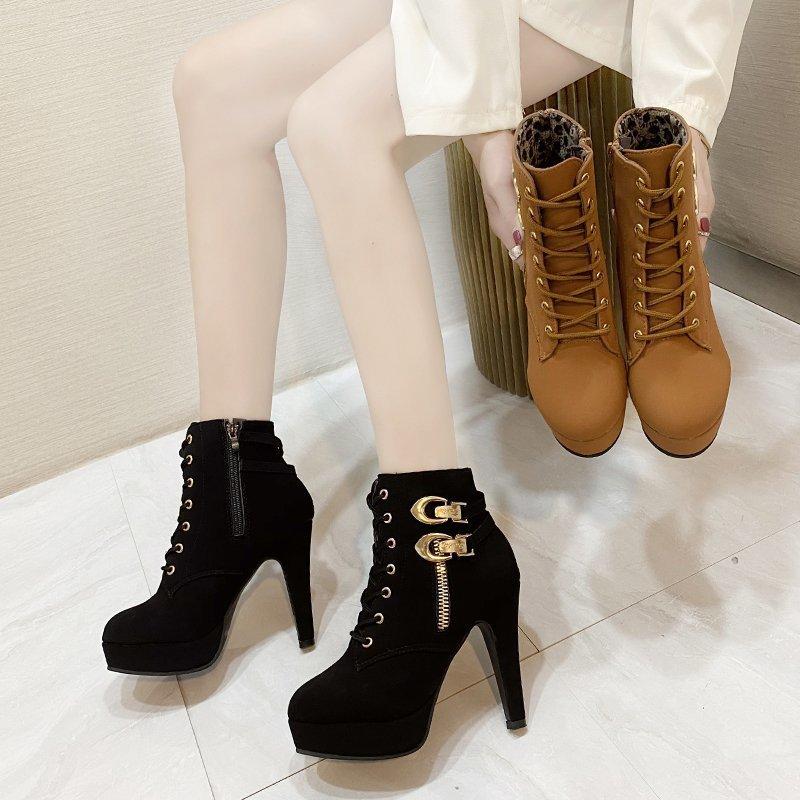European and American New Super High Heels, Thin Heel Round Head Side Zipper Short Boots, Women's Lace-up Large Size Martin Boots